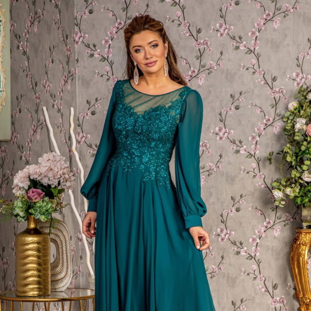 NEW LONG FORMAL FLORAL EMBROIDERED DRESS WITH BOAT-NECK & LONG SLEEVES GL3363